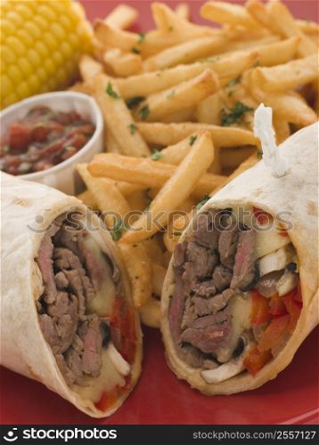 Philly Beef Steak Wrap with Fries Tomato Salsa and Corn