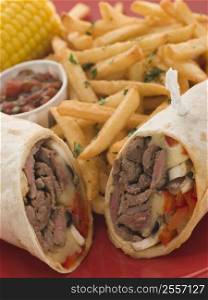 Philly Beef Steak Wrap with Fries Tomato Salsa and Corn