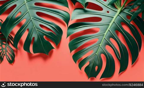 Philodendron summer tropical leaves on coral colour background. Generative ai art. . Philodendron summer tropical leaves on coral colour background. Generative ai. 
