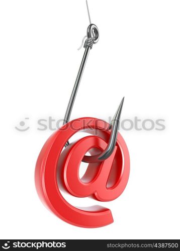 Phishing e-mail. Hook and sign on white isolated background. 3d