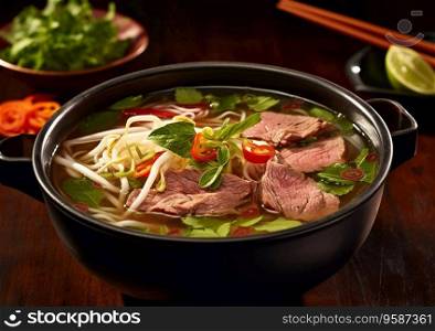 Pho bo soup with noodles,beef and vegetables on wooden table with chopsticks.AI Generative