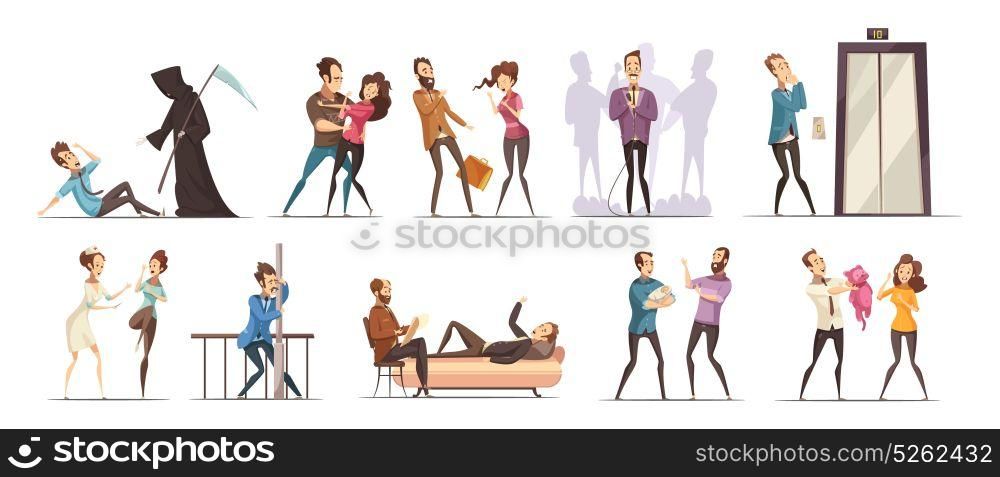 Phobia Fear Obsession Icon Set. Colored and isolated phobia fear obsession icon set with people meet their fears vector illustration