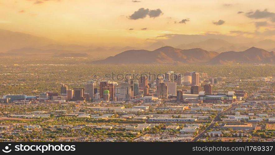 Phoenix city downtown skyline cityscape of Arizona in USA at sunset