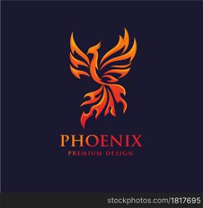 Phoenix logo- creative logo of mythological bird Fenix, a unique bird - a flame born from ashes. Silhouette of a fire bird. Logo template in form of fire and bird coming out of flame and sparks