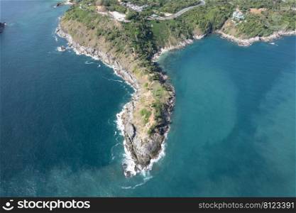 Phomthep or Promthep cave icon of Phuket, Thailand. Aerial view from drone camera of Phromthep cave view point at Phuket,