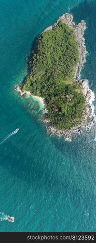 Phomthep or Promthep cave icon of Phuket, Thailand. Aerial view from drone camera of Phromthep cave view point at Phuket,