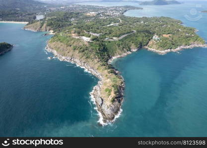 Phomthep or Promthep cave icon of Phuket, Thailand. Aerial view from drone camera of Phromthep cave view point at Phuket,