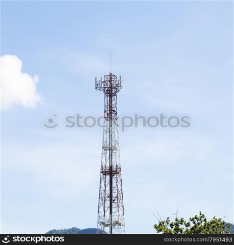 Phone antenna.The transmission poles in the area. Behind the clear skies