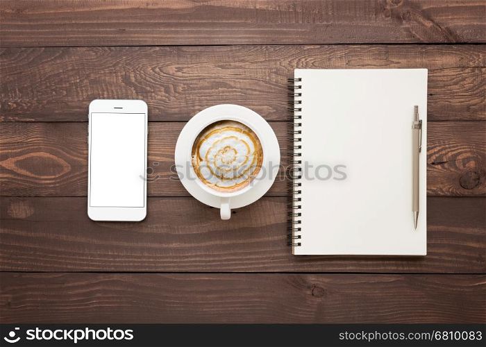 phone coffee and book blank on wood table top view