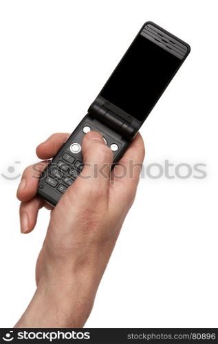 Phone in a hand on a white background