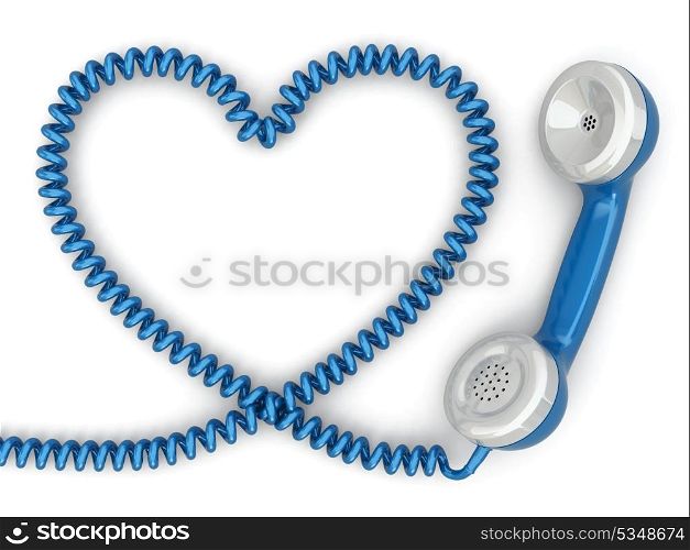 Phone reciever and cord as heart. Love hotline concept. 3d