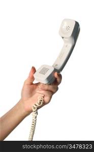 phone ring in human hand on white