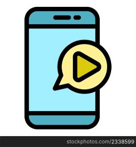 Phone video play icon. Outline phone video play vector icon color flat isolated. Phone video play icon color outline vector