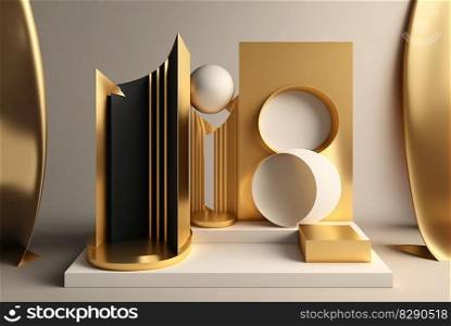 Photo 3d rendering of the realistic gold podium in luxury and minimal design with golden curtains. Photo 3d rendering of the realistic gold podium in luxury and minimal design with golden curtains AI Generated