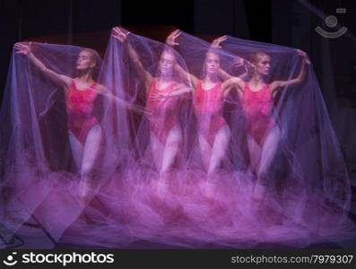 photo as art - a sensual and emotional dance of beautiful ballerina through the veil . photo as art - a sensual and emotional dance of beautiful ballerina through the veil on a dark background. A stroboscopic image of the one model
