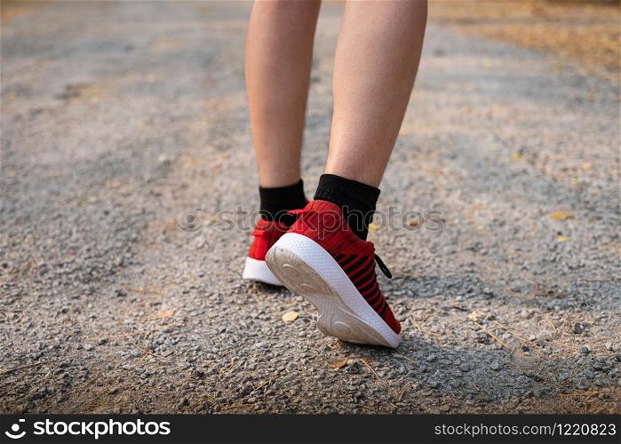 Photo back view sporty Asia young woman wear sports shoes running on asphalt road, Fitness and workout wellness, Healthy lifestyle concept