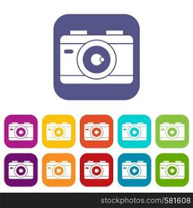 Photo camera icons set vector illustration in flat style in colors red, blue, green, and other. Photo camera icons set