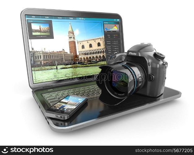 Photo camera, laptop and mobile phone. Journalist or traveler equipment. 3d