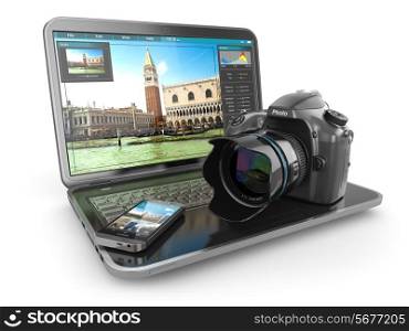 Photo camera, laptop and mobile phone. Journalist or traveler equipment. 3d