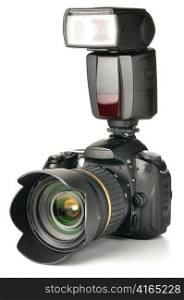 photo camera with an external flash attached