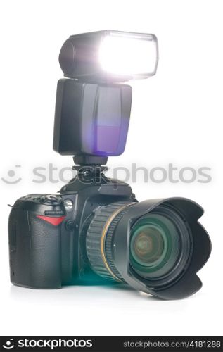 photo camera with an external flash installed