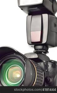 photo camera with an external flash installed