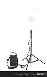 Photo flash with battery pack one on white background in studio close up