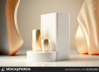 Photo gold podium in luxury and minimal design with golden curtains,3d render. Photo gold podium in luxury and minimal design with golden curtains,3d render AI Generated