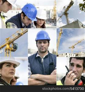 Photo-montage of building workers on a site
