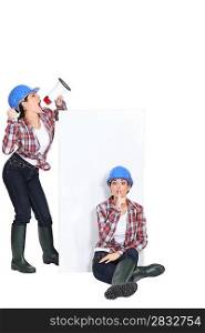 Photo-montage of woman building worker gesturing