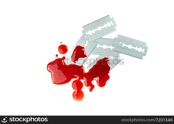 Photo of 5 Razor blade with a drop of blood on white background