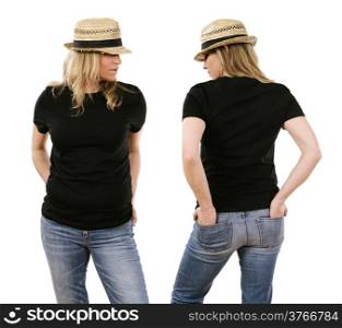 Photo of a beautiful blond woman in her early forties wearing a blank black shirt. Ready for your design or artwork.
