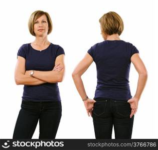 Photo of a beautiful blond woman in her early forties wearing a blank purple shirt. Ready for your design or artwork.&#xA;