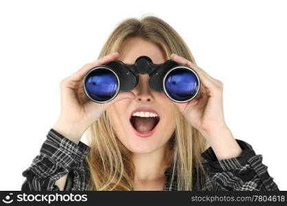 Photo of a beautiful blond woman searching with binoculars and looking surprised.