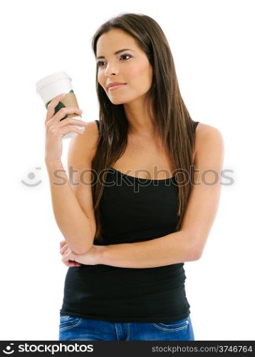 Photo of a beautiful brunette woman drinking a takeout coffee.