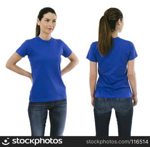 Photo of a beautiful brunette woman posing with a blank blue t-shirt, ready for your artwork or design.