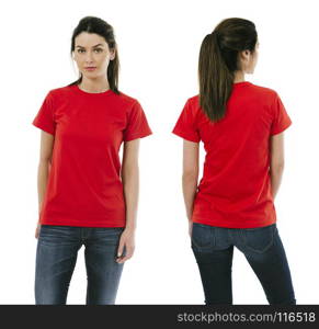 Photo of a beautiful brunette woman posing with a blank red t-shirt, ready for your artwork or design.