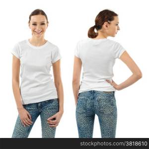 Photo of a beautiful brunette woman with blank white shirt. Ready for your design or artwork.