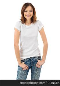 Photo of a beautiful brunette woman with blank white shirt. Ready for your design or artwork.