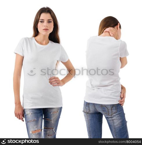 Photo of a beautiful brunette woman with blank white shirt, front and back views. Ready for your design or artwork.&#xA;