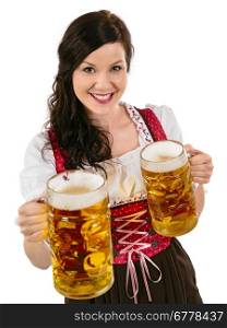 Photo of a beautiful female waitress wearing traditional dirndl and holding huge beers over white background.