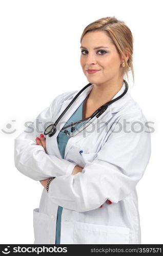 Photo of a beautiful young blond female doctor with stethoscope.&#xA;