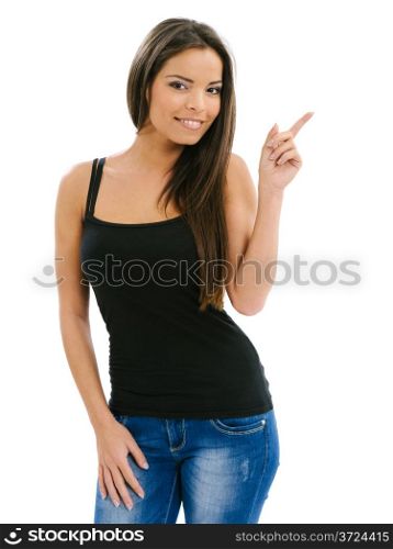 Photo of a beautiful young female pointing up and smiling.&#xA;