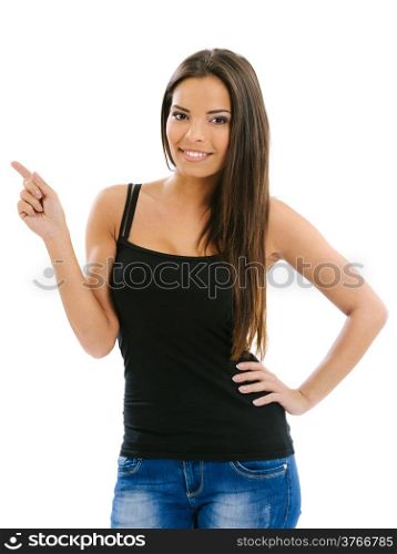 Photo of a beautiful young woman pointing up with one hand.&#xA;
