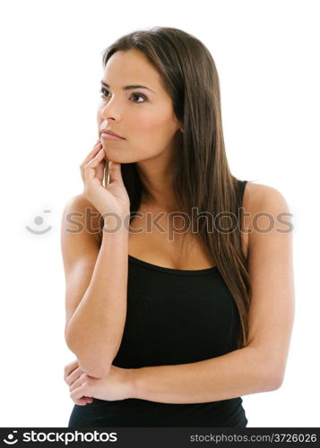 Photo of a beautiful young woman thinking with hand on chin over white background.