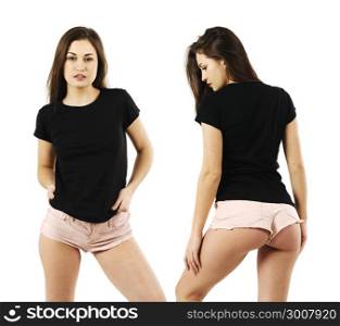 Photo of a beautiful young woman wearing a blank black t-shirt front and back views.