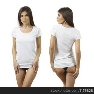 Photo of a beautiful young woman wearing a blank white t-shirt front and back views.
