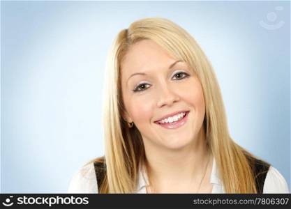 Photo of a cute friendly blonde girl smiling for the camera.