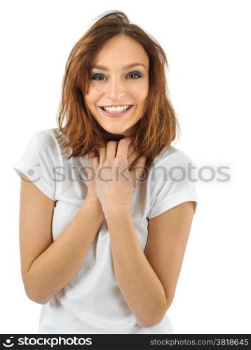 Photo of a cute young smiling woman with a surprised reaction.&#xA;