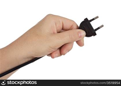 photo of a hand and a plug over white background